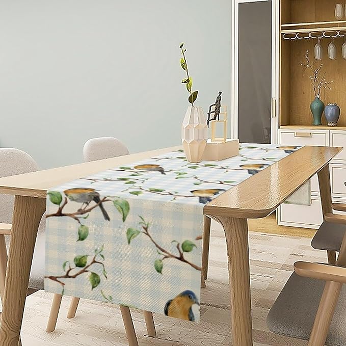 Bird Table Runner,Spring Birds Tree Blue Plaid Print Table Runner for Kitchen Dining Table Decoration Home Party Decor 13x108 Inch