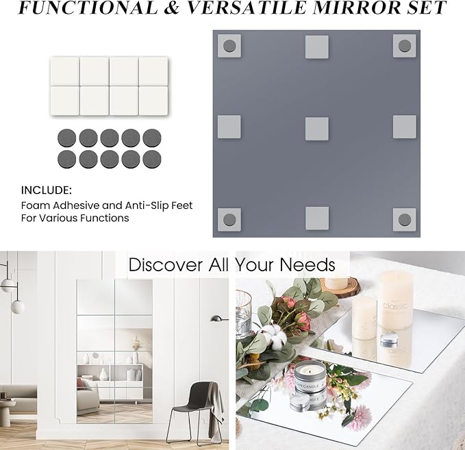 VASUHOME 10" Square Mirrors Candle Plate for Table Centerpieces, Set of 12, 2 mm Thick, Mirror Tiles for Wall, Party Decor and Crafts
