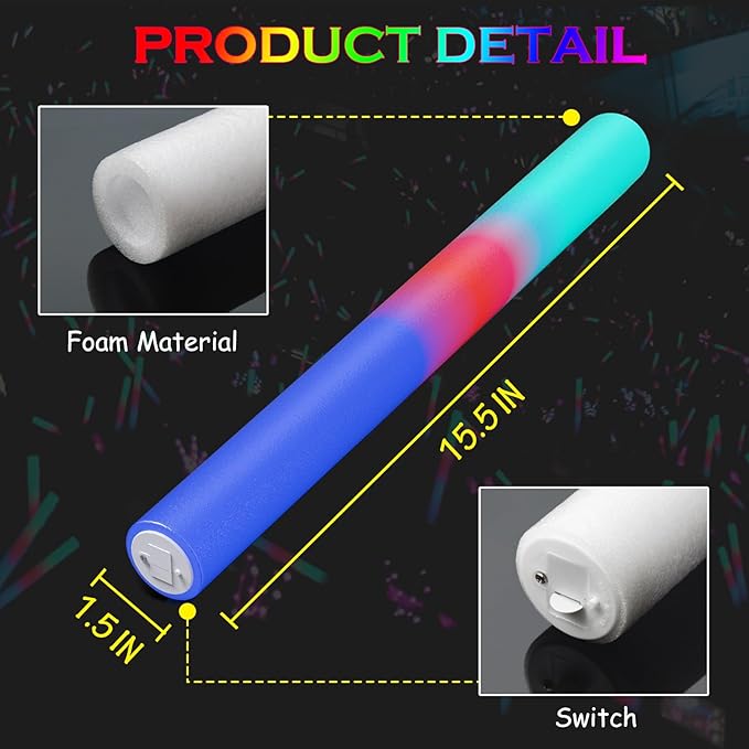 105 Pcs Foam Glow Sticks Bulk, LED Light Up Foam Sticks, Glow in the Dark Party Supplies for Wedding Halloween Birthday Christmas Rave Party Favors 3 Flash Modes