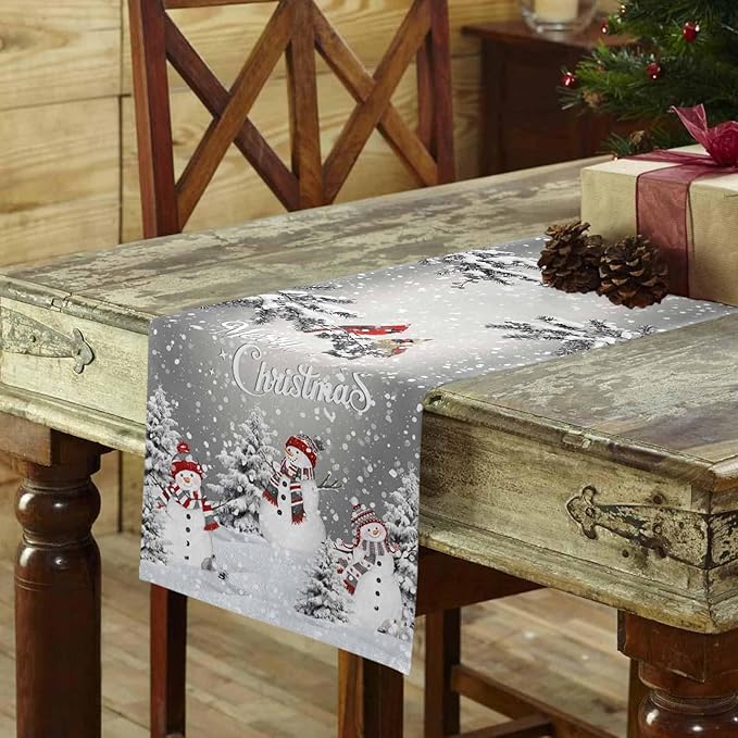 Christmas Snowman Cotton Linen Table Runner for Dining Kitchen, Snowflakes Xmas Pine Tree Wedding Outdoor Party Tablerunner Decoration Winter Bird Dresser Scarf Coffee Tablecloth Runners 13x120 Inches