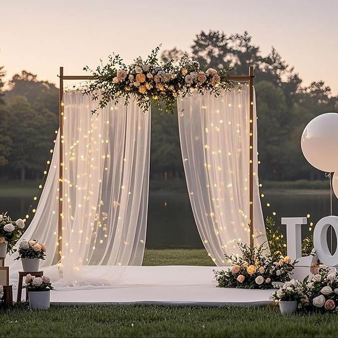 Ledido 10×10ft Tulle Backdrop Curtains with Lights String - 300LED Fairy Lights Sheer Curtain Backdrop for Weddings Baby Shower and Birthday Party Decorations(2 Panels 5×10ft)