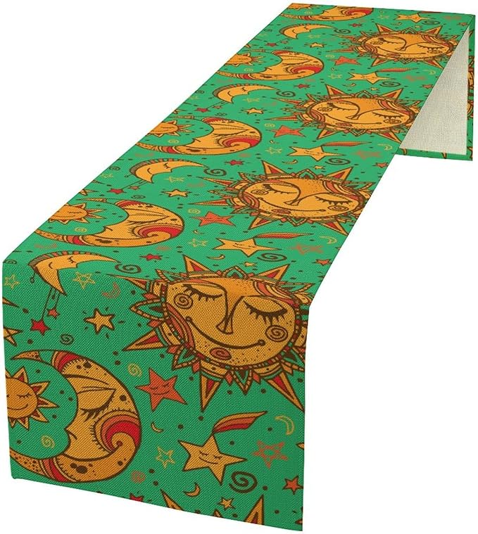 Boho Moon Table Runner, Phase of The Moon Star Sun Cartoon Pattern Table Runner for Kitchen Living Room Home Party 13x70 Inch