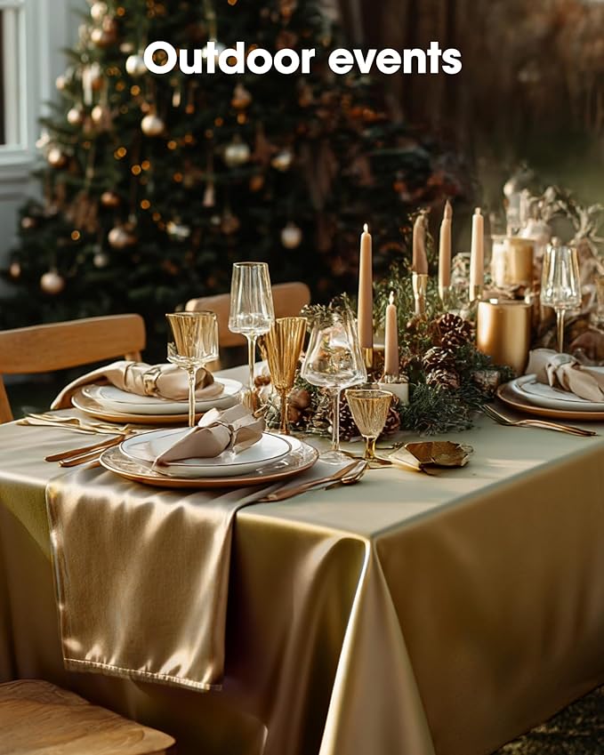 Pureegg Plastic Table Cloth Disposable 10 Pack, 54 x 108 Inch Table Cloths, Graduation Decorations, Thanksgiving, Christmas Tablecloths, Rectangle, Plastic Cover, Leakproof & Sturdy, Gold
