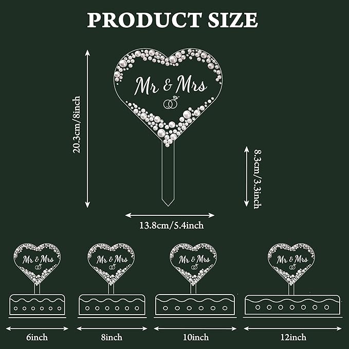 Acrylic Heart Mr & Mrs Cake Topper, Rhinestone and Faux Pearl Accents