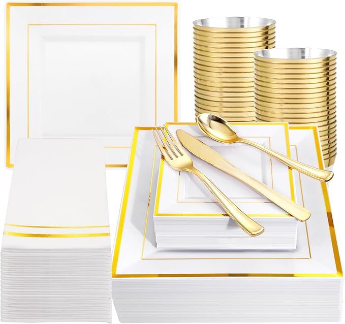 Disposable Plates Set, Square Gold, 350 Pieces for 50 Guests