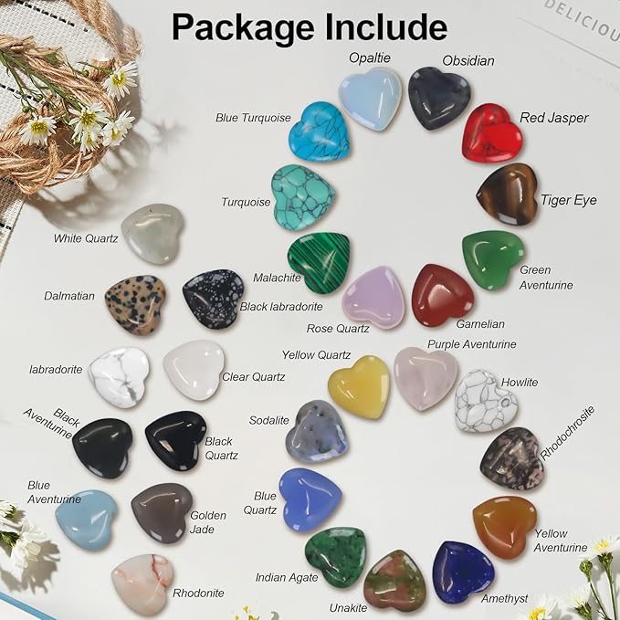 Healing Crystals,Virekm 30PCS Heart Healing Crystals Amethyst Heart Love Stones Set Palm Thumb Gemstones Chakra Reiki Balancing Gifts for Men Women (Colorful - 30 PCS)