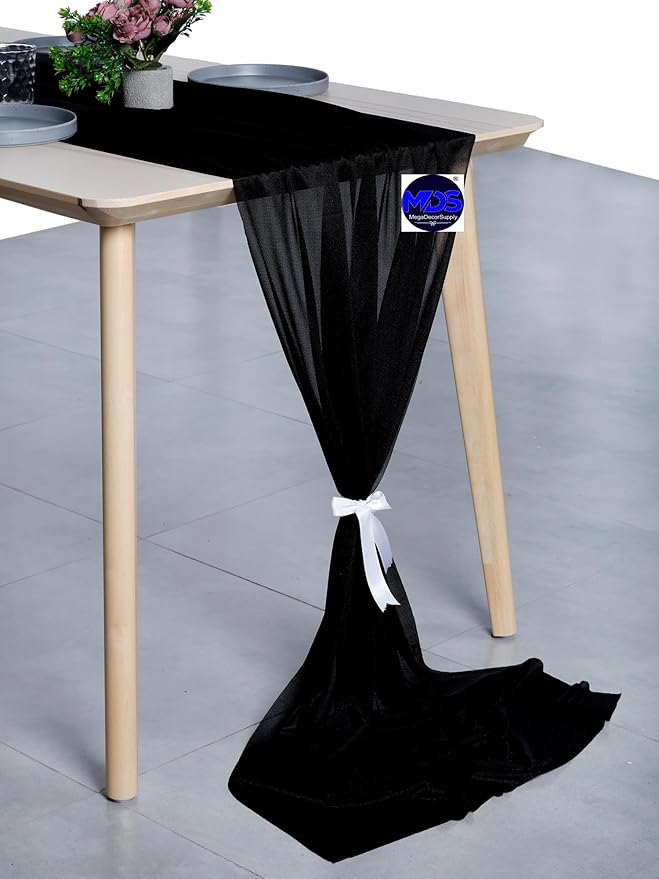 MDS Halloween Chiffon Table Runner - 15 Pack, 29 x 170 Inches, 14ft Each - Sheer Spooky Table Runners for Haunted House Parties, Trick-or-Treat Tables, Witchy Décor, Wedding & Events - Black