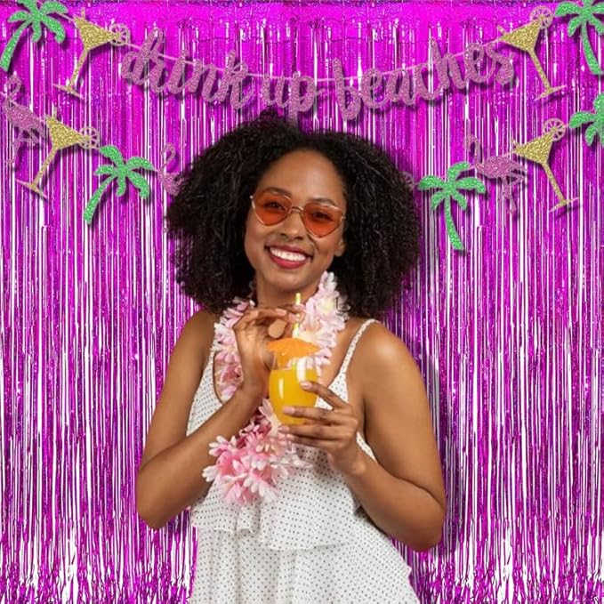 BRAVESHINE Hot Pink Tinsel Foil Fringe Curtains - 2Pcs 3.2x8.2ft Metallic Party Streamers Backdrop for Girl Birthdays Valentines Bridal Shower Bachelorette Hawaiian Luau Theme Party Decorations