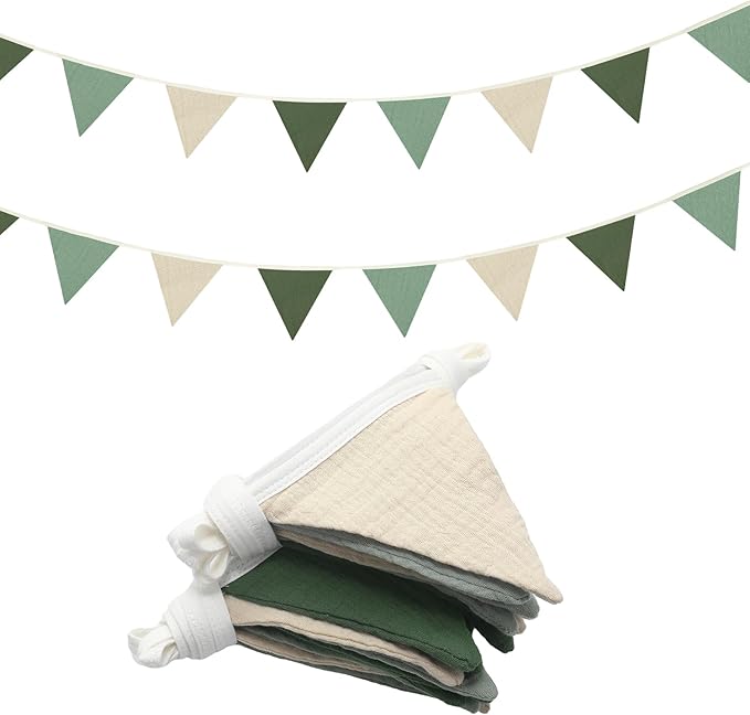 Pennant Banner Set, Cotton, 2 Strips of 10 Flags, Green and Beige