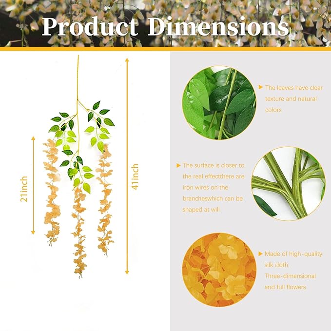24 Pack Orange Wisteria Hanging Flowers, 3.4 Ft Fake Hanging Flowers, Artificial Wisteria Garland Vines for Wedding Room Backdrop Outdoor Patio Garden Decoration