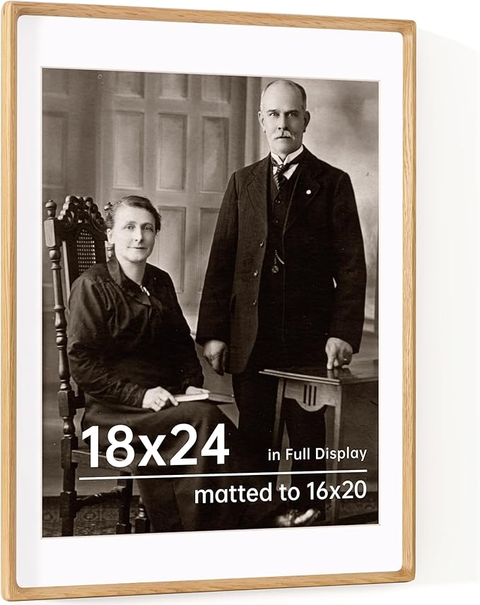18x24 Frames USA-Sourced Natural Oak Wood Solid Wood Photo Frame Handcrafted Rounded Corner with Mat to 16x20 Picture Display with Real Glass Family Picture, Wedding Photo Mounted