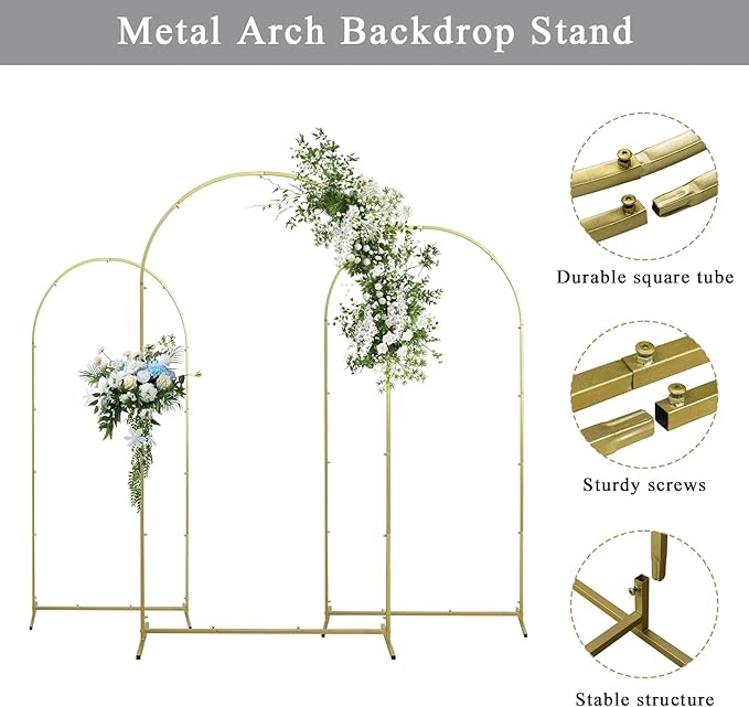 Party Backdrop Arch Stand Set, 3 Pieces, White Powder Coated Metal