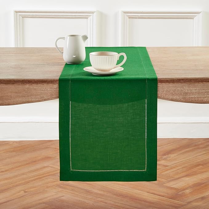 Solino Home Linen Table Runner 36 Inches - 100% Pure Linen Garden Green Hemstitch Table Runner 14 x 36 Inch Ideal for Dresser and Coffee Tables - Classic Hemstitch - Christmas