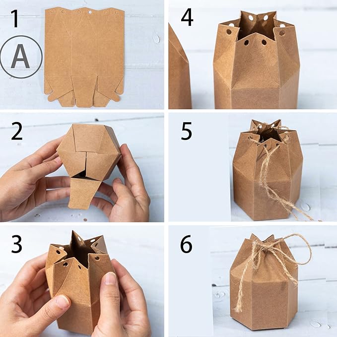 Zontween 50 Pack Hexagon Paper Box With Twines Kraft Paper Hexagon Boxes With Twice Candy Favor Present Boxes For Wedding Birthday Brown