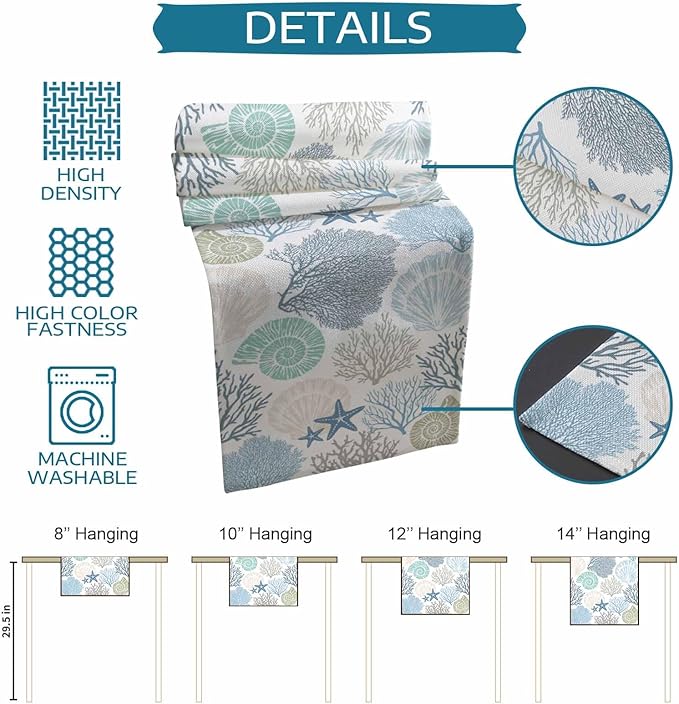 Coastal Coral Cotton Linen Table Runner for Dining Kitchen, Wedding Outdoor Party Tablerunners Decoration, Blue Nautical Starfish Ocean Shell Beach Dresser Scarf Coffee Tablecloth Runners 13''x120''