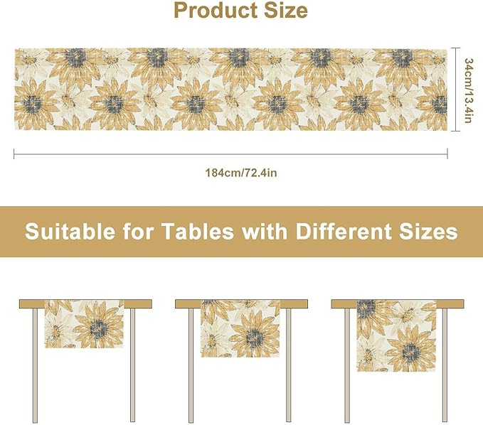Chrysanthemum Vintage Floral Table Runner, Elegant Grunge Orange Sunflower Spring Summer Elegant Pattern Artichokes Flower Table Runner for Party Kitchen Dining Living Room Decor, 13x108 Inch