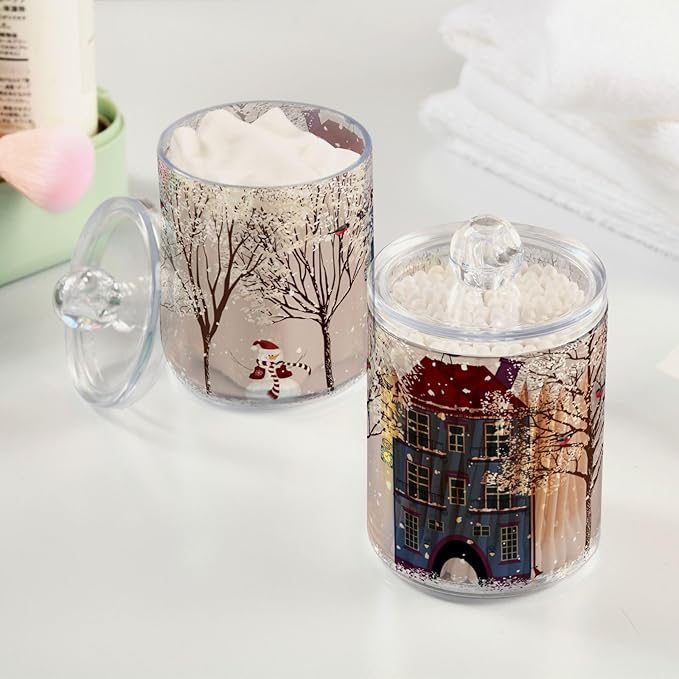 Gredecor Christmas Winter Qtip Holder Dispenser 2 Pack Snowmen Snow Courtyard with Trees Bathroom Decorative Storage Canister Holder Counter Vanity Organizer for Cotton Ball Swabs Pads Floss