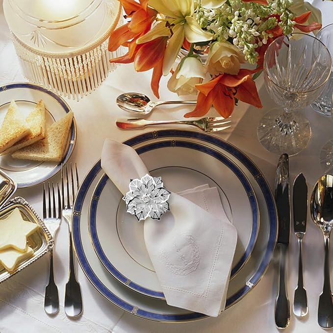 KPOSIYA Hollow Out Flower Napkin Ring Holder Metal Napkin Rings Set of 20 for Wedding Party Holiday Banquet Christmas Dinner Delicate Serviette Buckles Decor Favor (20, Flower-Silver)