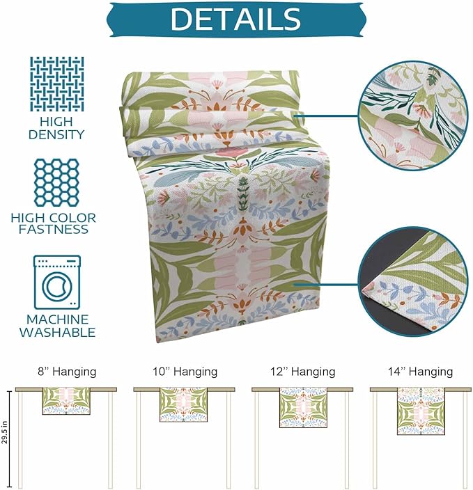 Green Blue Pink Boho Floral Cotton Linen Table Runner for Dining Kitchen, Wedding Outdoor Party Tablerunners Decoration, Retro Bohemian Botanical Dresser Scarf Coffee Tablecloth Runners 13x108 Inches