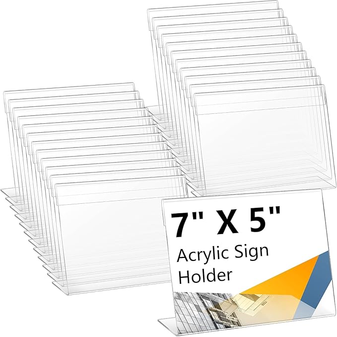 Vicenpal 100 Pcs 7x5 Inch Clear Acrylic Sign Holder Plastic L-shape Vertical Menu Stand, Picture Photo Frames, Table Paper Holder, Flyer Sign Display Stand for Restaurants, Store, Office, Wedding