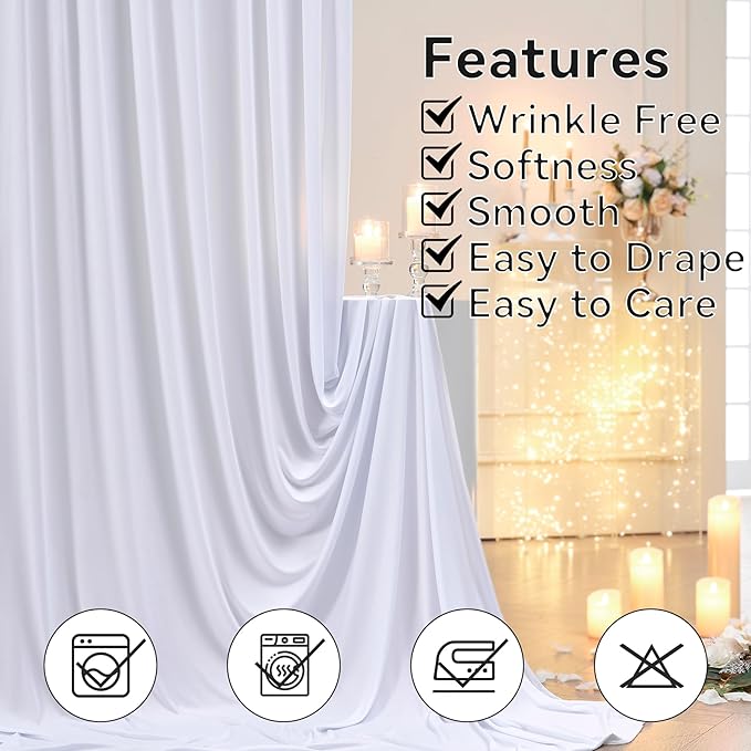 20×12ft White Wrinkle Free Backdrop Curtain for Wedding Parties, 4 Panels 5×12 ft Long Soft Silky Washable Polyester Photo Backdrop Drapes for Birthday Baby Shower Photography Background Cloth