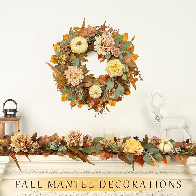 Garland with Pumpkins, Maple Leaves and Flowers, 72 Inch Fall Plastic