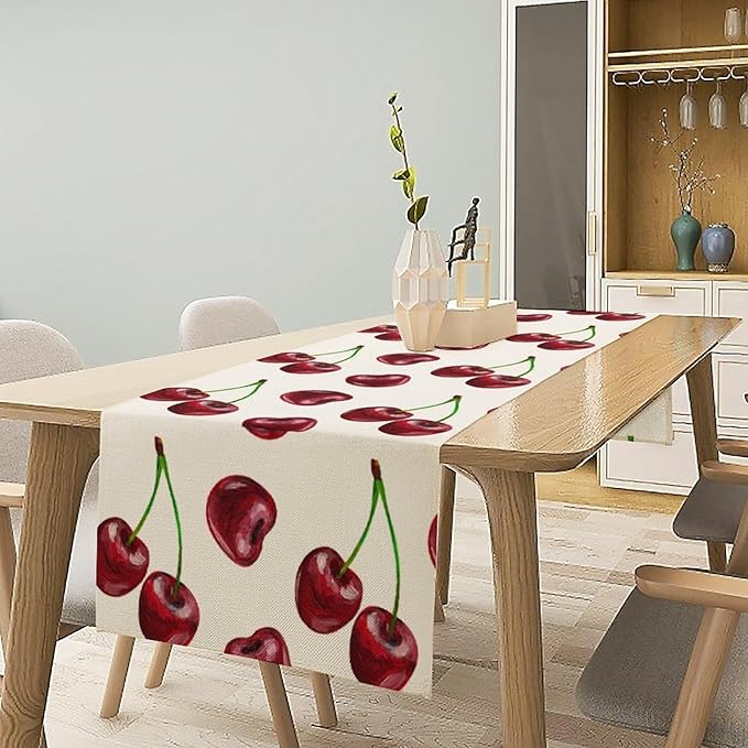 Red Cherry Table Runner Watercolor Spring Summer Wild Berry Tropical Fruit Theme Dinner Runner for Girl Baby Shower Party Holiday Home Kitchen Dining Table Decor 13x120