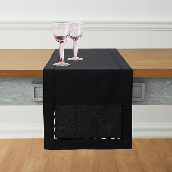 Solino Home Cotton Linen Black Table Runner 72 Inches Long - Hemstitch Table Runner 14 x 72 Inch for Dresser, Dining, Fall, Autumn, Halloween, Thanksgiving, Holiday
