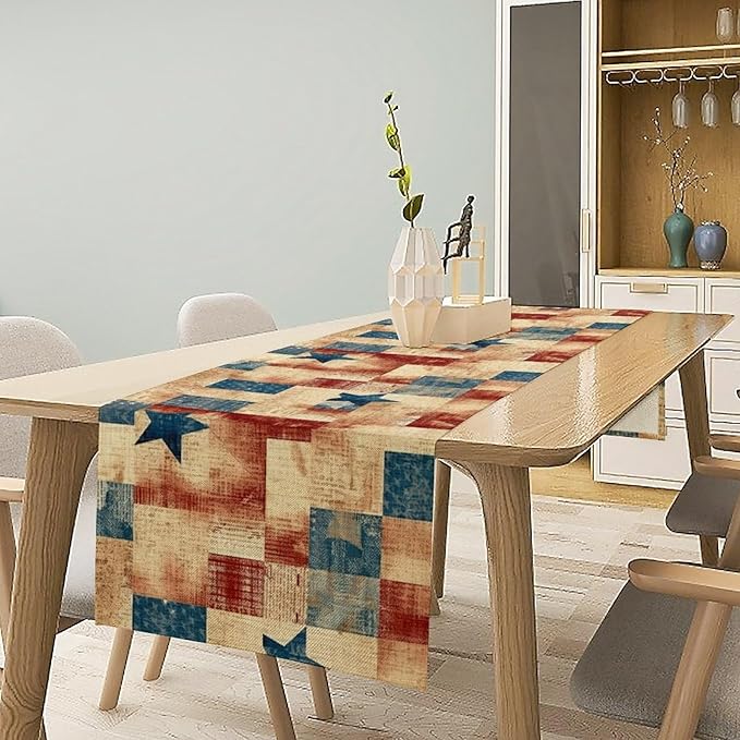 4th of July Table Runner, Rustic Vintage Country Red White Blue American Stars Independence Day Print Table Cover for Farmhouse Kitchen Dining Table Decor, 13x60inch