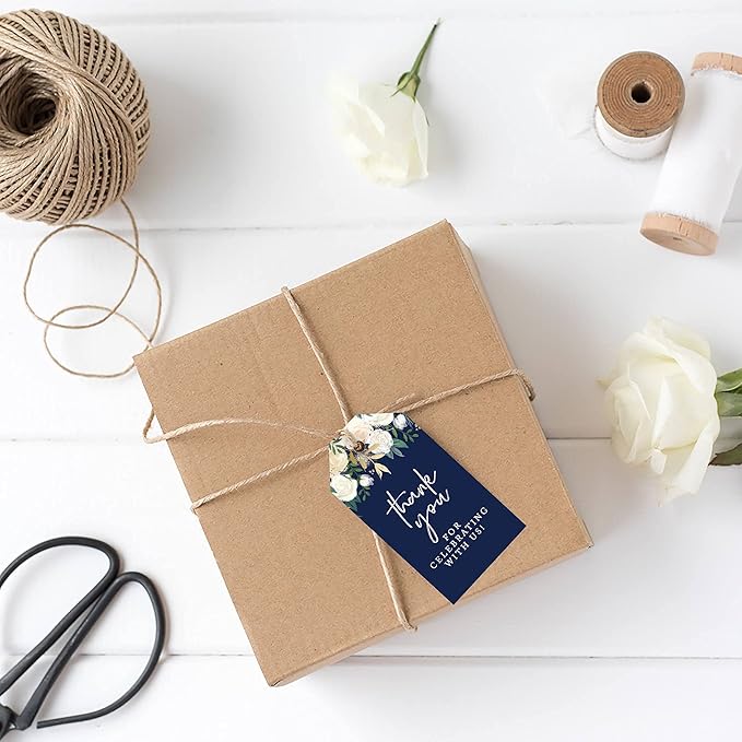 Andaz Press 100-Pack Thank You for Celebrating with Us Favor Tags Navy Blue with Florals Cardstock Gift Tags with Bakers Twine for Wedding Baby Shower Bridal Shower Party Favors 2 x 3.75-Inches