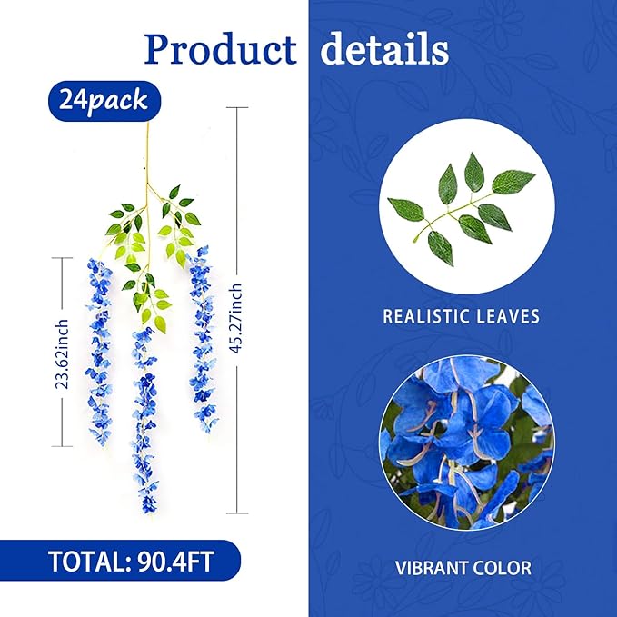 24 Pack Royal Blue Wisteria Hanging Flowers Garland, 3.77 Feet Artificial Flower Vines, Fake Wisteria, Artificial Vines Hanging Garland for Backdrop Outdoor Yard Garden Decor