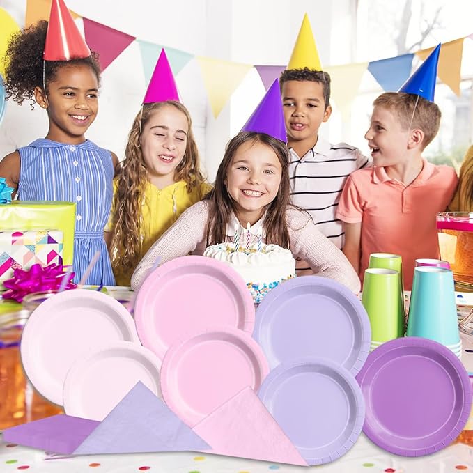 Disposable Paper Party Plates and Napkins, 150 Pcs Pink and Purple Set