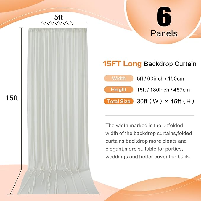 30ft x 15ft Ivory Wrinkle Free Backdrop Curtains for Parties,Silky Polyester Fabric Wedding Ceiling Drapes, 6 Panels 15ft Photo Back Drop Drapes for Baby Shower Photography Stage Background Cloth