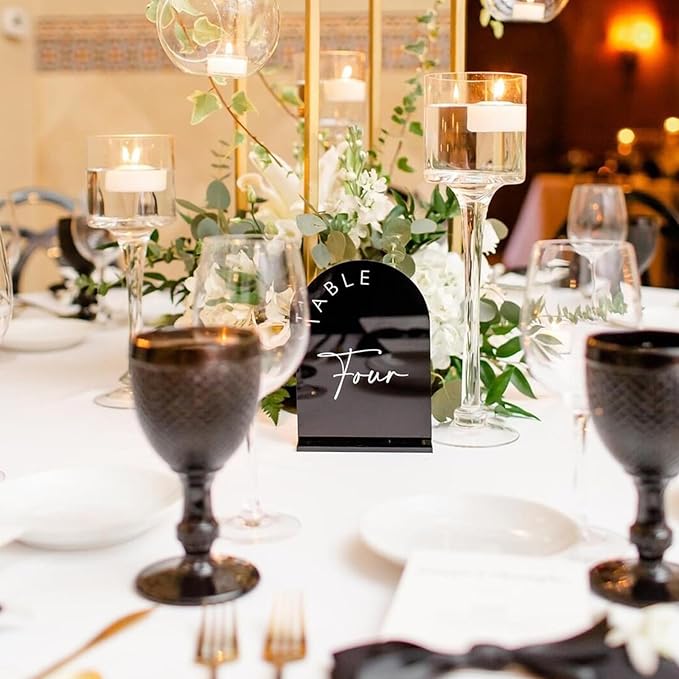 Table Number Place Cards 1-30, Black Acrylic Arch Design with Stands