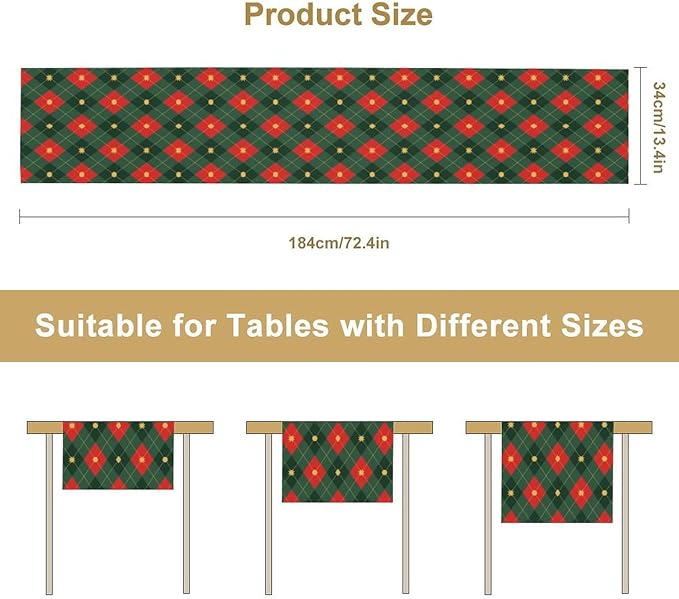Christmas Table Runner,Green Red Xmas Plaid Table Cloth Kitchen Dining Table Decoration for Home Party Decor 13x90 Inch