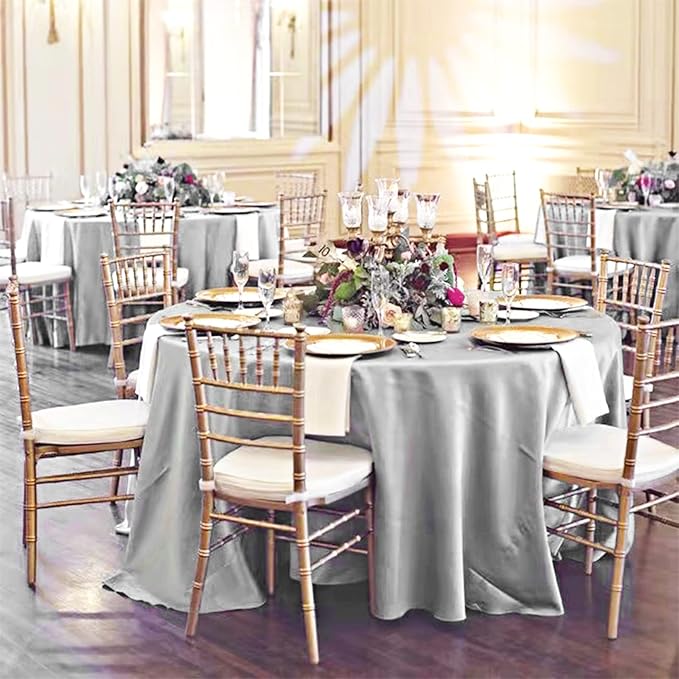 12 Pack 108 Inch Silver Satin Tablecloth - Premium Bright Silky Round Tablecloth Overlay Smooth Fabric Table Cover, Table Decoration for Wedding Party Banquet Events Restaurant Kitchen Dining