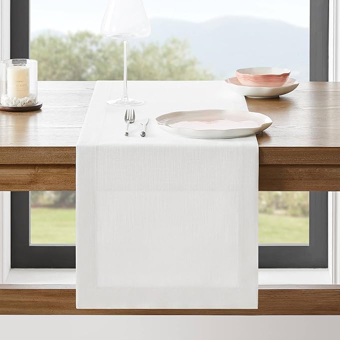 ZeeMart Linen Textured Border Table Runner, 14 x 108 Inch White, Farmhouse Style White Table Runners 108 Inches Long, Easy Care Everyday Polyester Table Runner