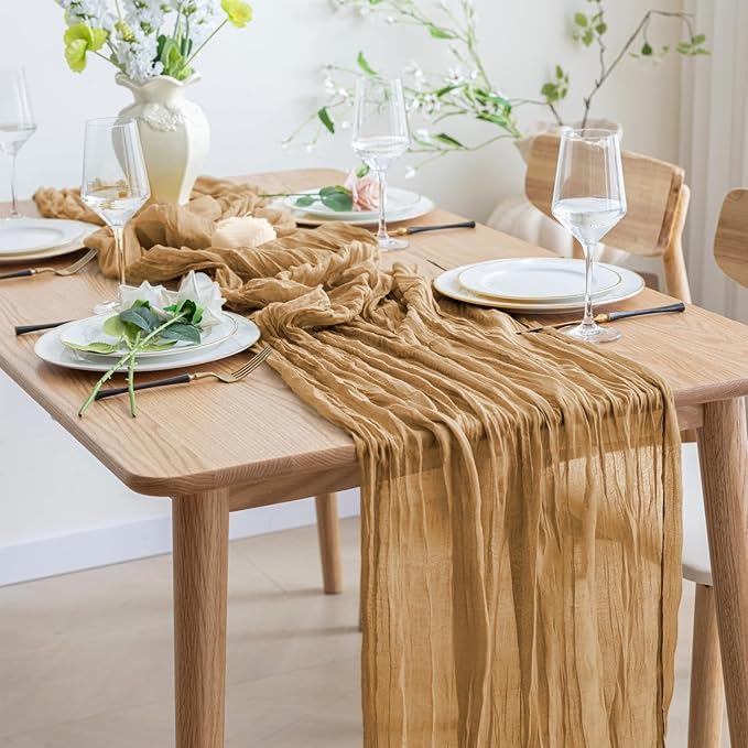 Asee'm 12pcs Cheesecloth Table Runner 120 Inches Long Khaki Boho Gauze Cheese Cloth Runner 10FT Rustic Sheer Table Runners for Christmas Wedding Party Baby Shower Spring Easter Decoration