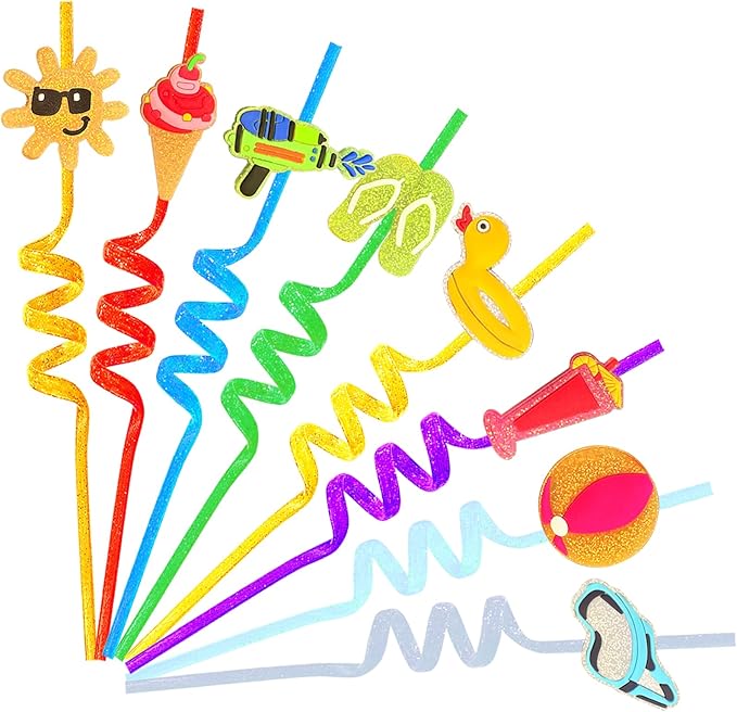 Straws, 24 Count Reusable Glitter Beach Design for Summer Parties