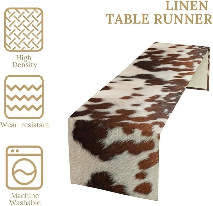 Farmhouse Cow Skin Print Table Runner, Safari Wildlife Brown Country Farm Cowhide Pattern Cotton Linen Rustic Cottage Table Runner for Dinning Home Party Holidays Home Setting, 13x120 Inch
