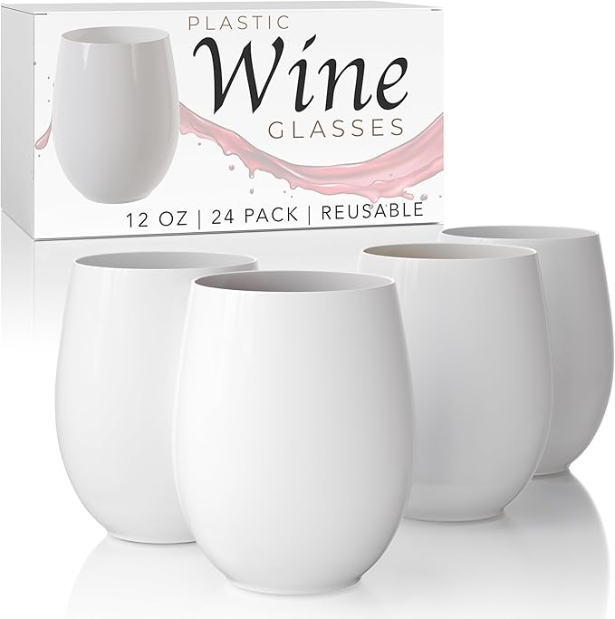 Stemless Plastic Wine Glasses, 24 Count, 12 Oz, White Unbreakable Set