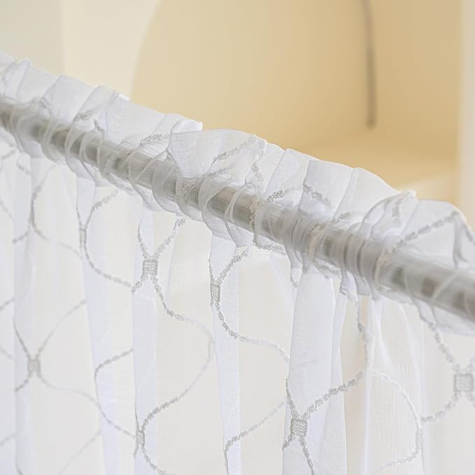 Sheer Curtains White 63 Inches Embroidered Wave Diamond, Rod Pocket Voile Drapes for Living room, Bedroom, Window Treatments Semi Crinkle Curtain Panels for Yard, Villa, Parlor, Set of 2, 52"x 63".