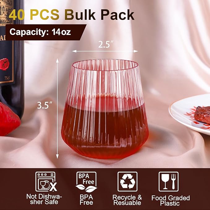 40 Pack Plastic Ribbed Wine Glasses, 14Oz Origami Disposable Wine Glasses Unbreakable Clear Plastic Cocktail Glasses Recyclable Shatterproof Reusable Wine Cups (14oz-pink-40pack)