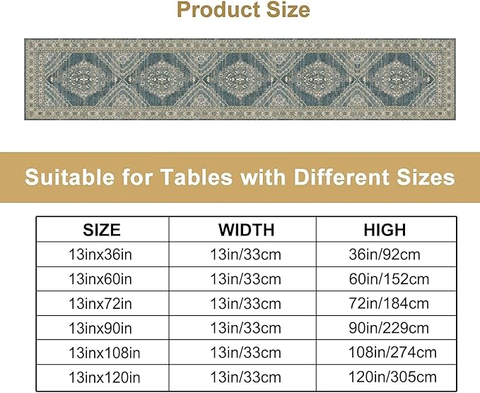 Boho Floral Vintage Table Runner, Blue Teal Retro Flower Rustic Country Farmhouse Pattern for Home Kitchen Table Decor Dining Coffee Room Party Decor 13x120in