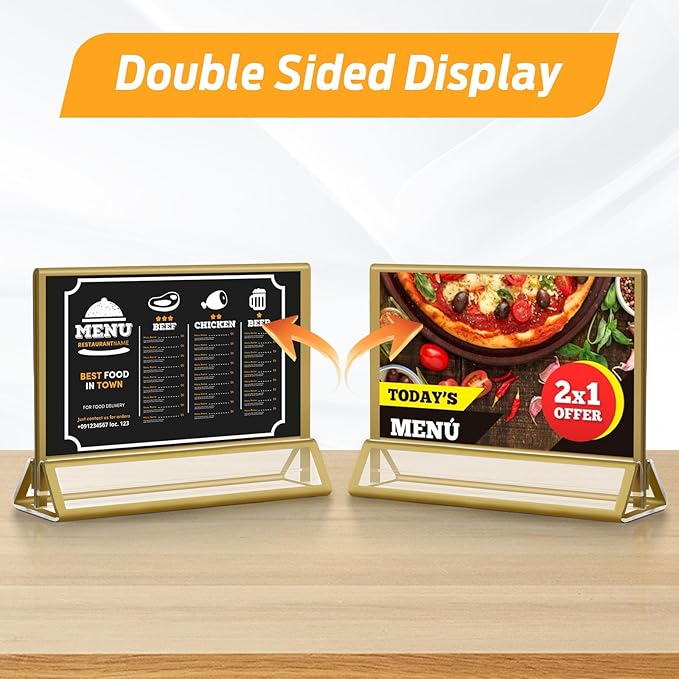 Smarpau 6x4 Gold Acrylic Sign Holder, 16 Pack Wedding Table Number Holders with Horizontal Stand, Double Sided Photo Picture Frames Stands, Flyer Stand, Paper Display Stand for Cafe, Restaurant