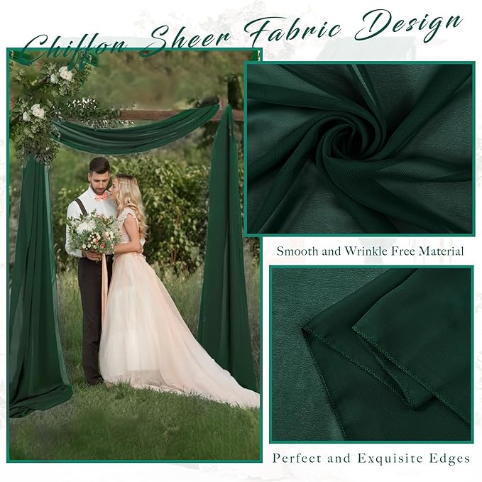 Wedding Arch Drape Fabric, 4 Emerald Green Chiffon Panels, 20 Ft Long
