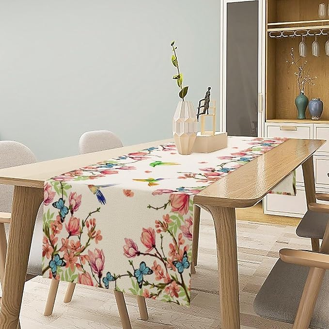 Vintage Watercolor Flower Hummingbird Table Runner Seasonal Spring Garden Plants Birds Florals Farmhouse Country Kitchen Dinner Runner Dining Table Decoration 13"x90"