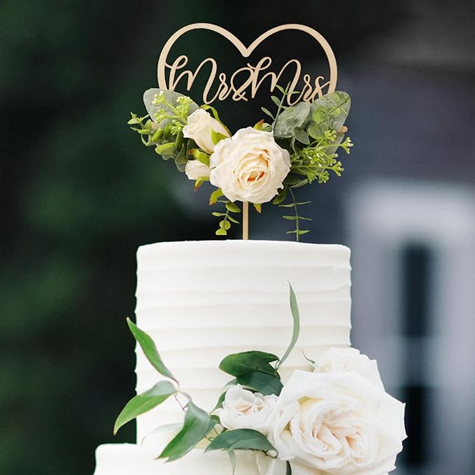 Non-Edible Wood Heart Cake Topper with 3D Flowers, 6.5 x 8.4 Inches