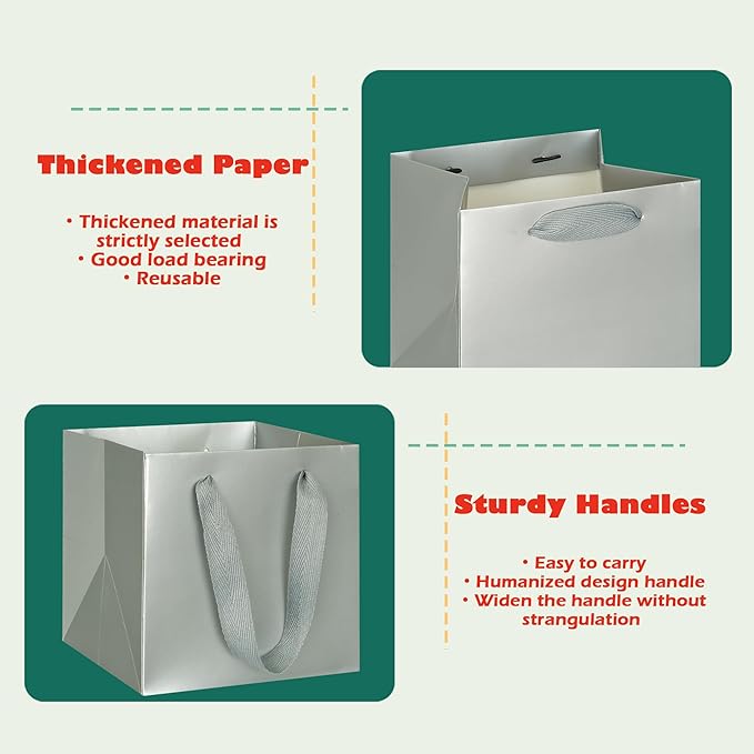 Gift Bags - Silver Square Bottom Paper with Handles, 12x12 Inch, Pack of 10