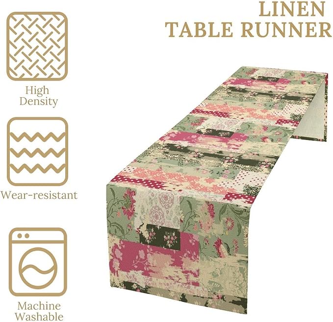 Patchwork Flower Table Runner,Abstract Colorful Floral Retro Style Hand Drawn Tablecloth Burlap for Hotel Indoors Outdoor Dining Room Kitchen Home Decor,W13X L70 in